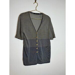 Escada Striped Short Sleeve Button Sweater Blouse Cardigan